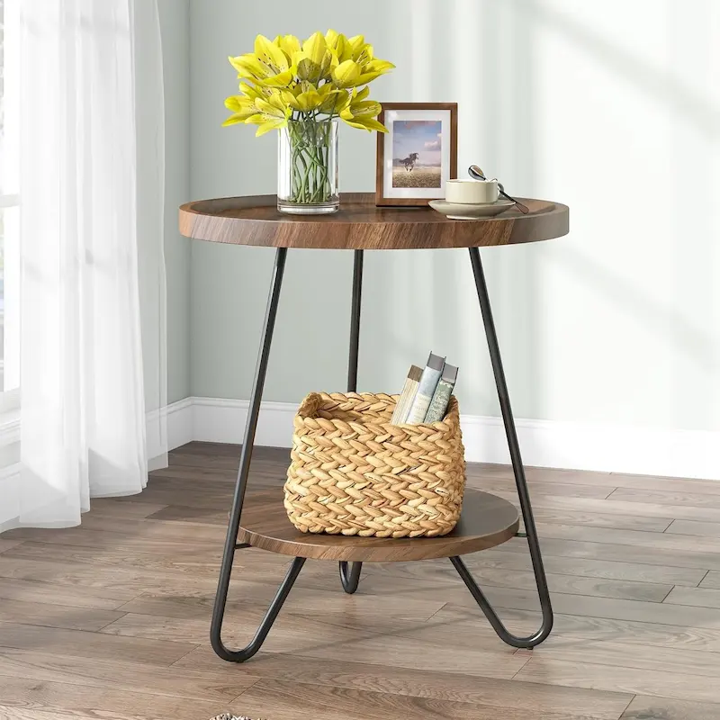 2-Tier Round Side Table with Metal Frame and Wood Top