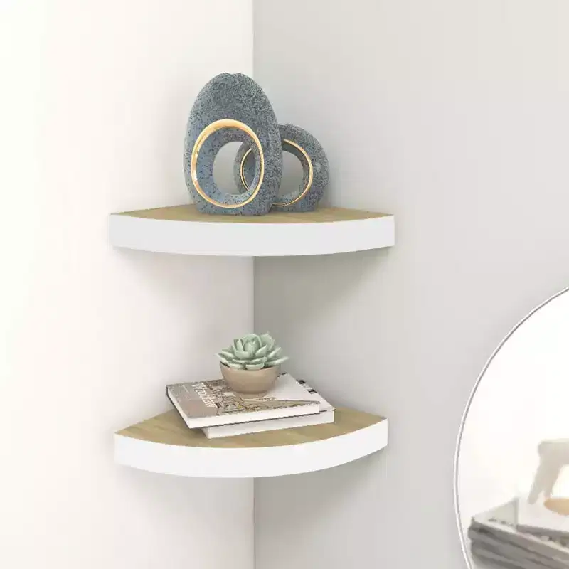 Wall Corner Shelf Set of 2 Oak and white Honeycomb MDF, metal