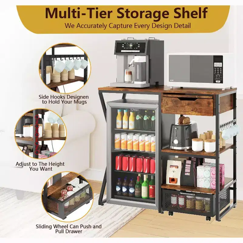 41.7in Mini Fridge Stand with Storage, 3-Tier Microwave Stand & Coffee Bar Organizer with Power Outlet, 160LBS Sturdy