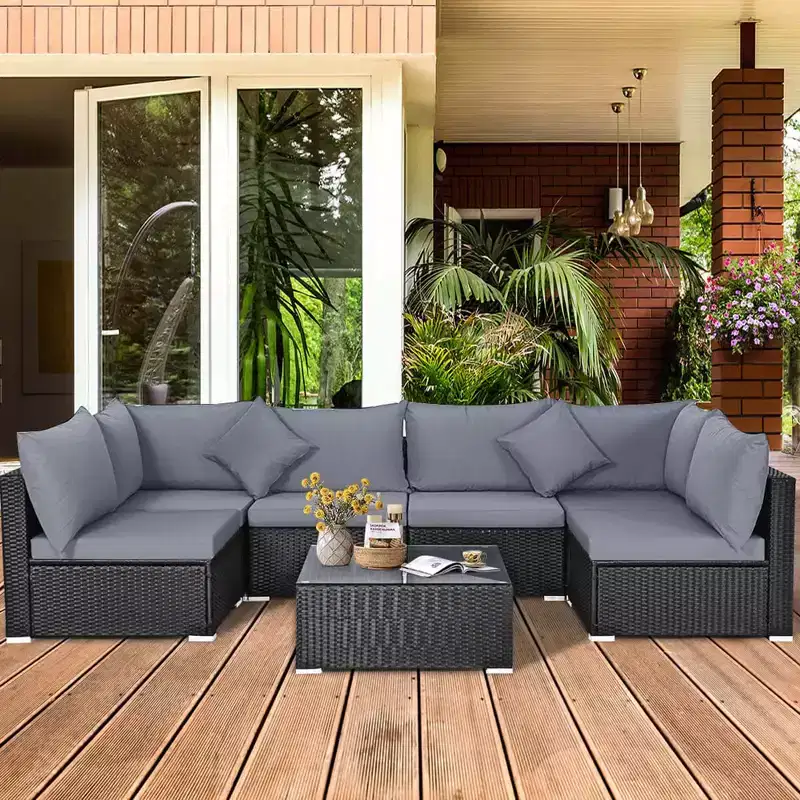 Costway 7PCS Patio Rattan Sofa Set Sectional Conversation Furniture Set Garden Beige/Navy/Gray