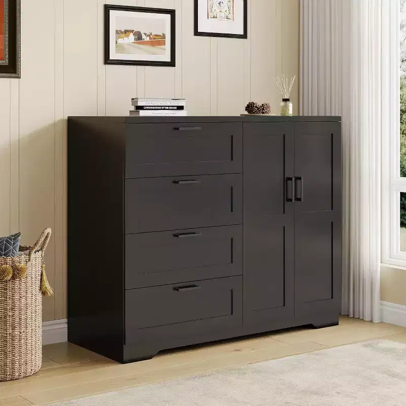 43.3 Inch Black Storage Dresser with 4 Drawers and Hanging Rod, Multifunctional Organizer for Bedroom, Easy Assembly