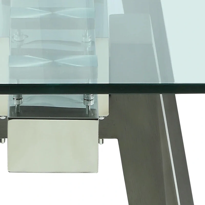 Extendable Glass Top Dining Table with Solid Wood Legs