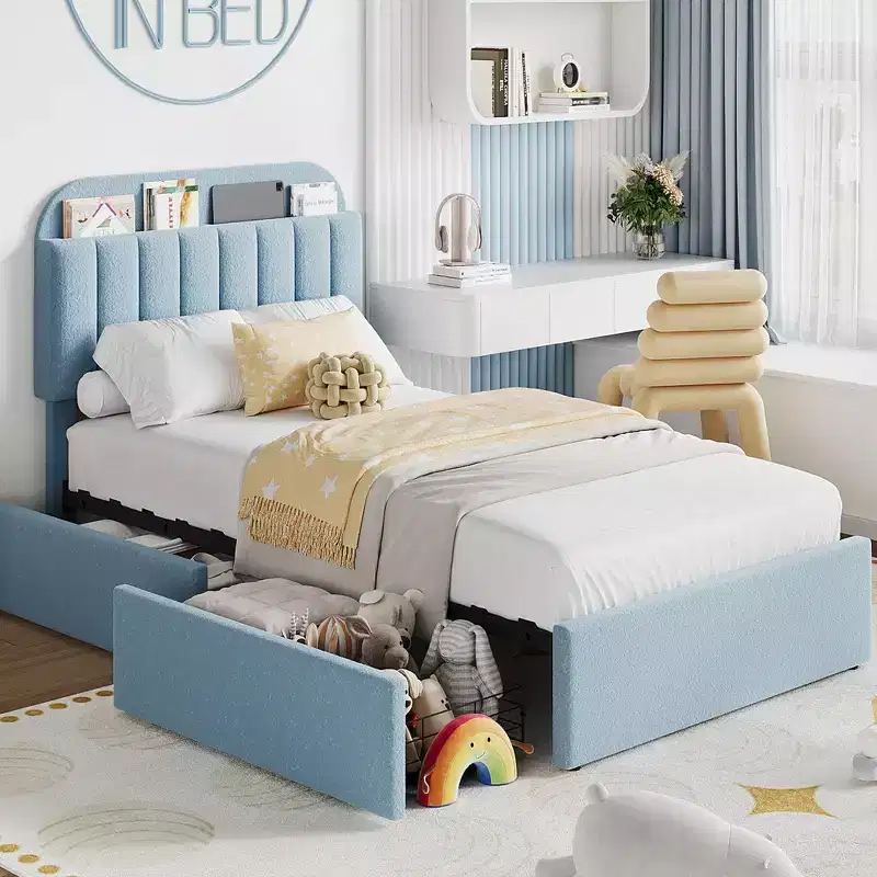 Boucle Twin Platform Bed with  Headboard & Storage Drawers - Noise-Free Upholstered Youth Bed for Boys and Girls, No Box Spring Needed