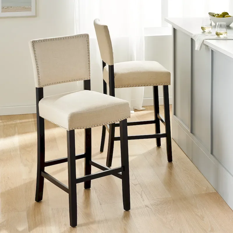 Beige Contemporary Linen Barstool, Set of 2, Bar Height – Nailhead Trim, Rubberwood Legs