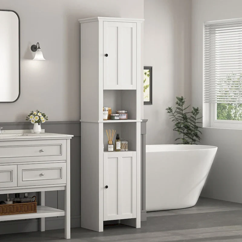 Bathroom Floor Wooden Storage Cabinet with 2 Doors & Shelves
