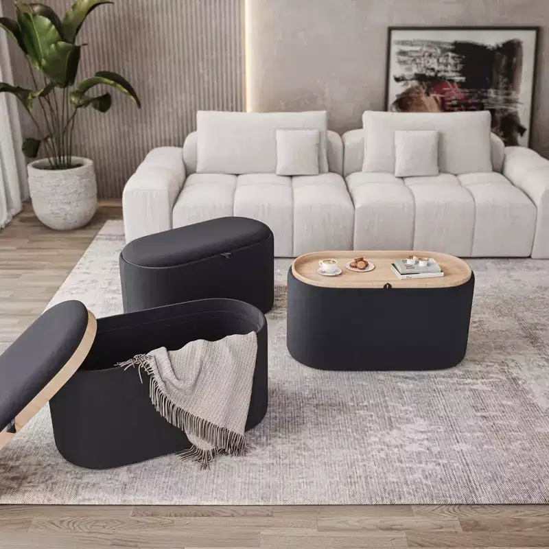 Okak Modern Stylish Soft Fabric Storage Bench with Reversible Wooden Tray Top,Comfort Ottoman Coffee Table for Bedroom,Living Room