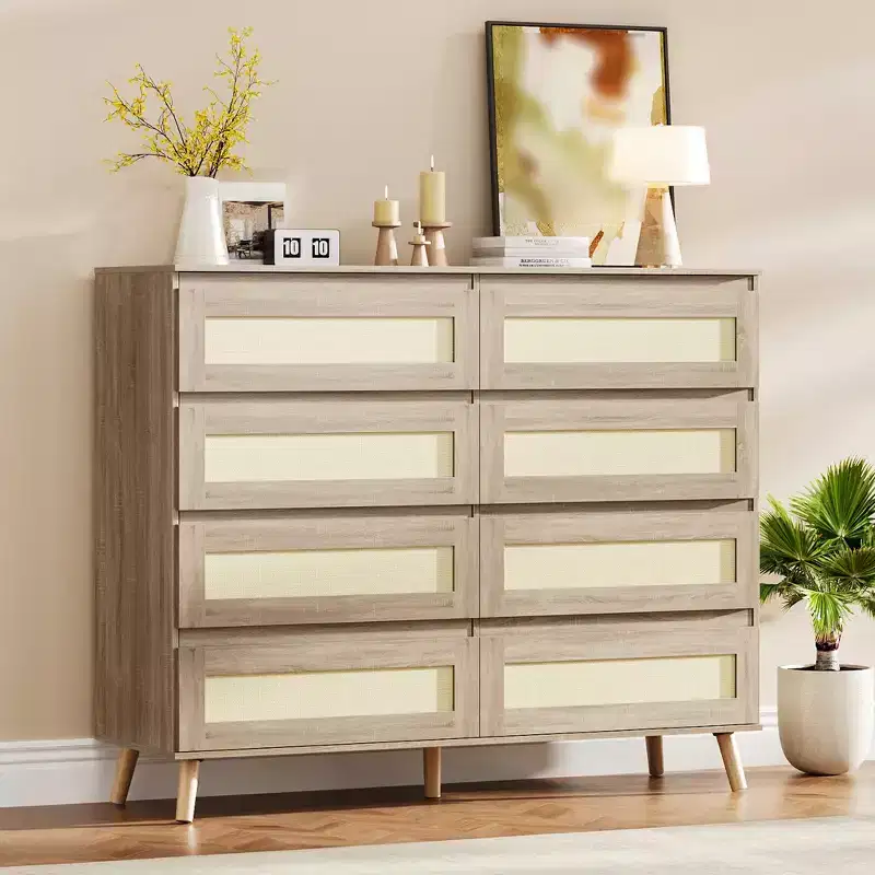 8 Drawer Dresser, Modern Farmhouse Rattan Chest of Drawers, 47.2 Inch Wide Dresser for Bedroom, Wood TV Stand Storage Organizer for Entryway, Closet