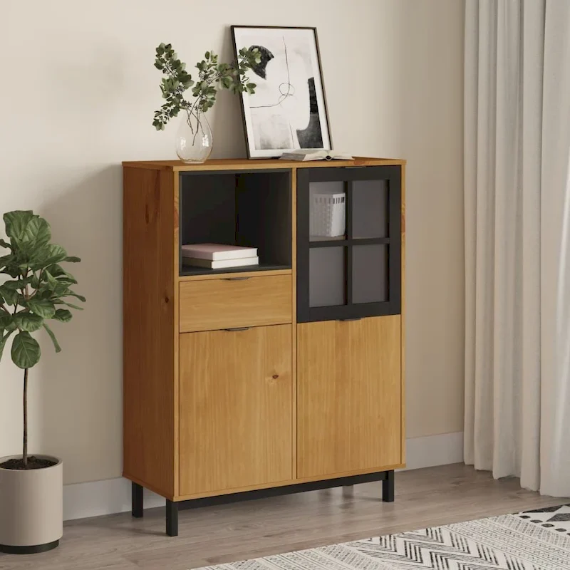 Highboard with Glass Door FLAM 36.2x15.7x48.2 Solid Wood Pine - 36.2 x 15.7 x 48.2