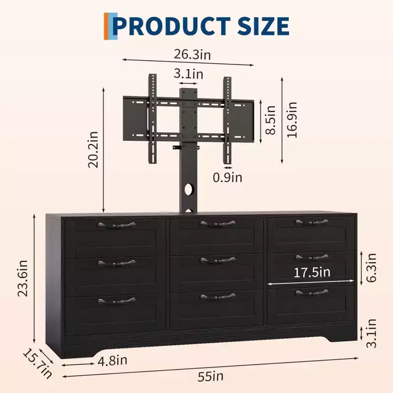TV Stand with Mount for 55 Inch TV, 9 Drawer Dresser Entertainment Center with Storage, Modern Wood Media Console Table for Living Room Bedroom