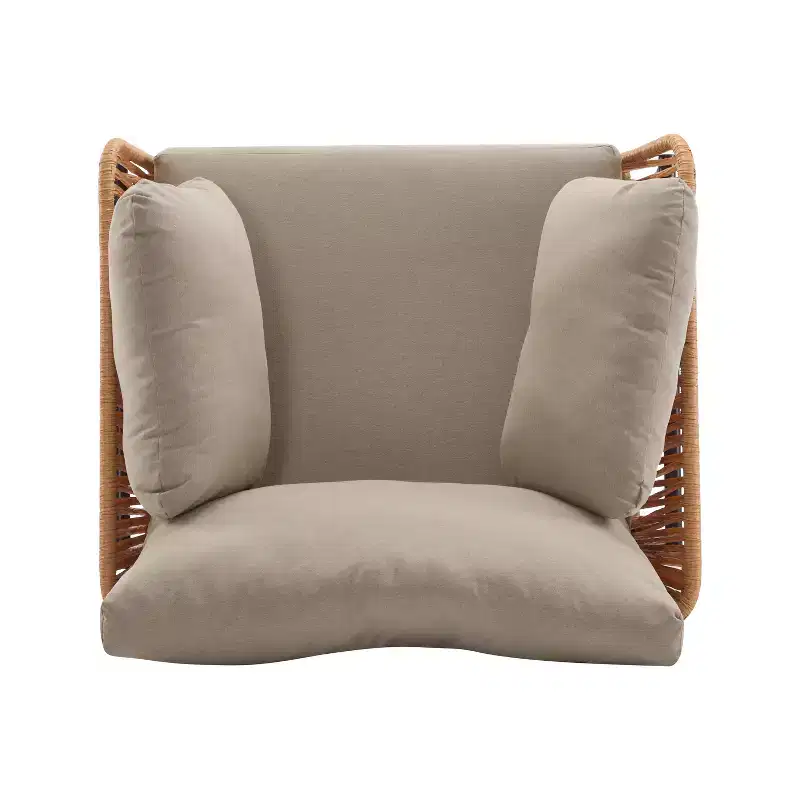 36W Patio Accent Chair Lounge Chair Arm Chair with Cushions, Pillows and Stylish Rope-Weave Design, Iron, Beige+Grey/Natural-ModernLuxe