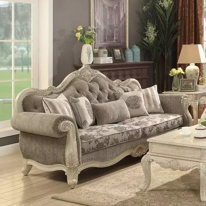 Acme Furniture 95" Ragenardus Sofa Gray Fabric/Antique White