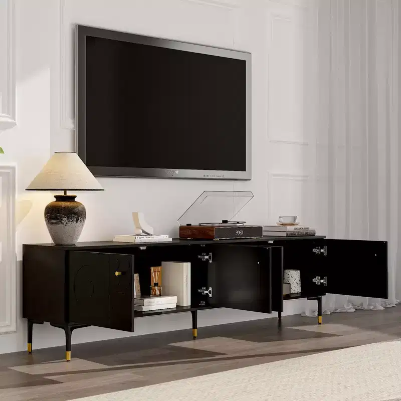 Famapy Black TV Stand with Geometric Pattern Doors - Gold Accents, Modern Media Console