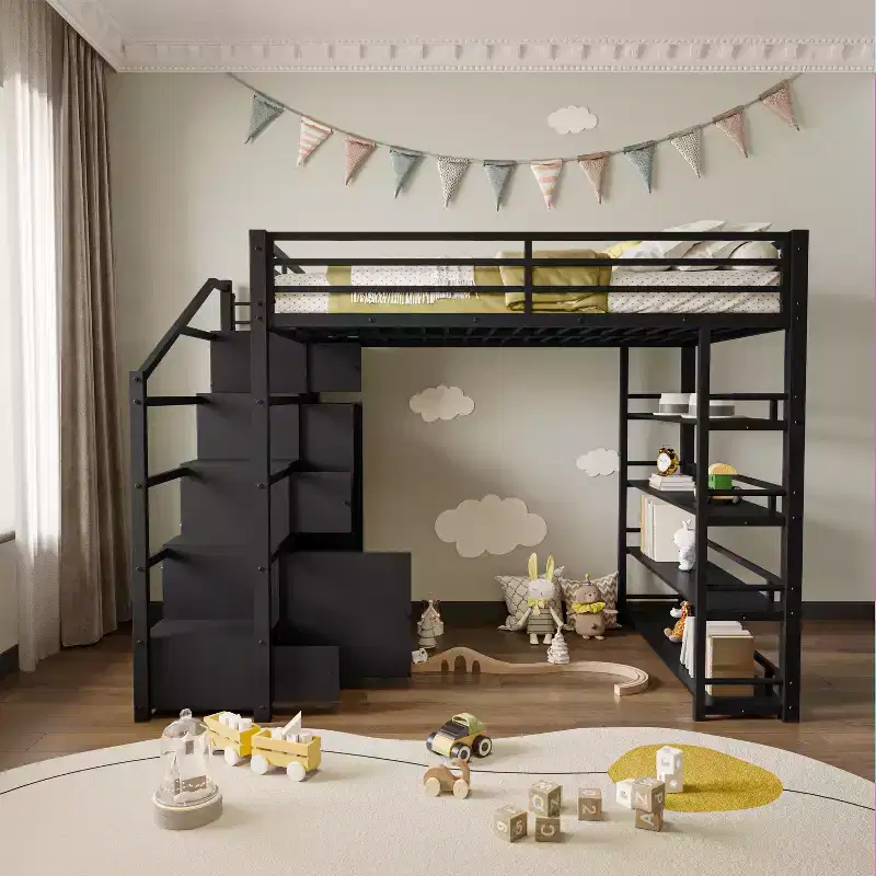 Whisen Queen Size Metal Loft Bed with Storage Shelves, Cabinets and Wardrobe