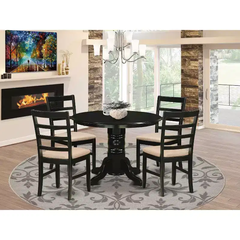Medieval Round Dining Table Set - 5 Piece Kitchen Chairs & Table - Linen Fabric - 42 Inch