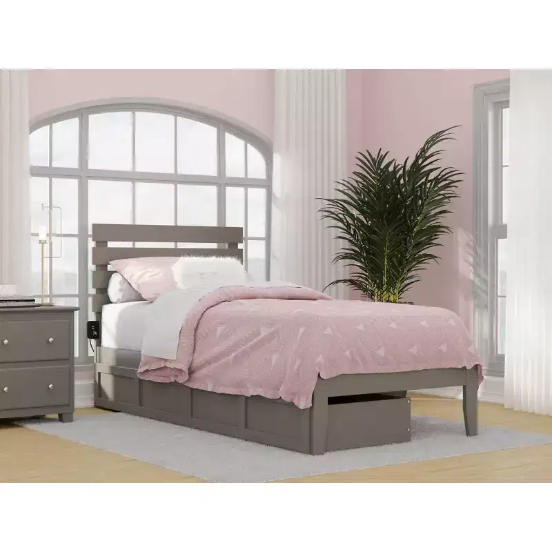 Twin Oxford Bed with USB Turbo Charger and 2 XL Drawers Gray - AFI: Hardwood Frame, Painted Finish, 600 lb Capacity