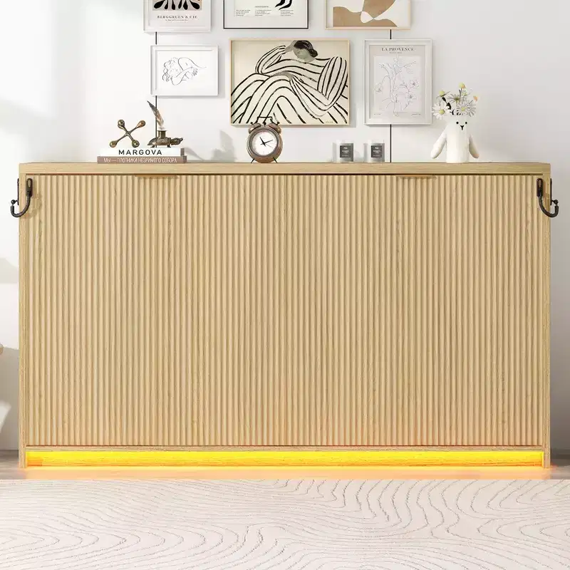 ModernLuxe Twin XL Size Murphy Bed Wall Bed Frame, Wooden Storage Cabinet Bed with LED Light, Natural