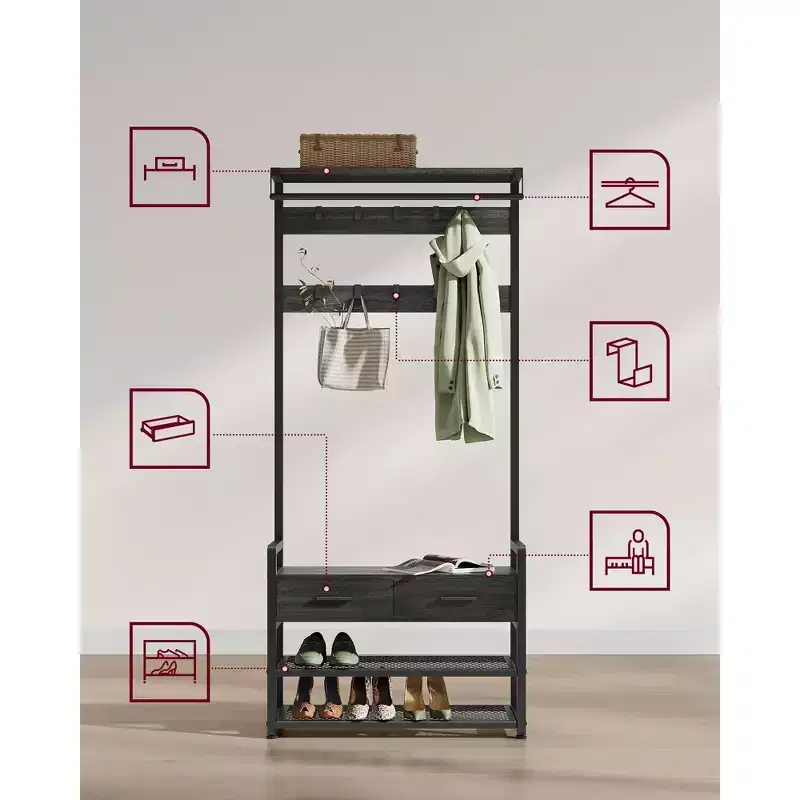 VASAGLE Hall Tree with Bench and Shoe Storage, Entryway Coat Rack with Shoe Bench, 2 Fabric Drawers, 10 Hooks