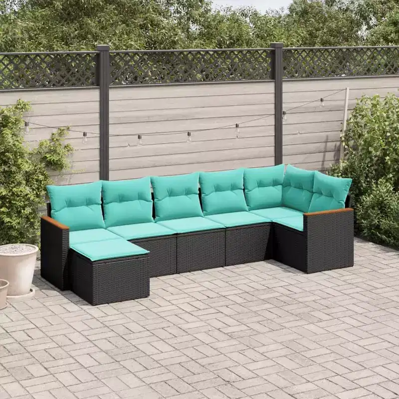 vidaXL 7 Piece Patio Sofa Set with Cushions Black Poly Rattan