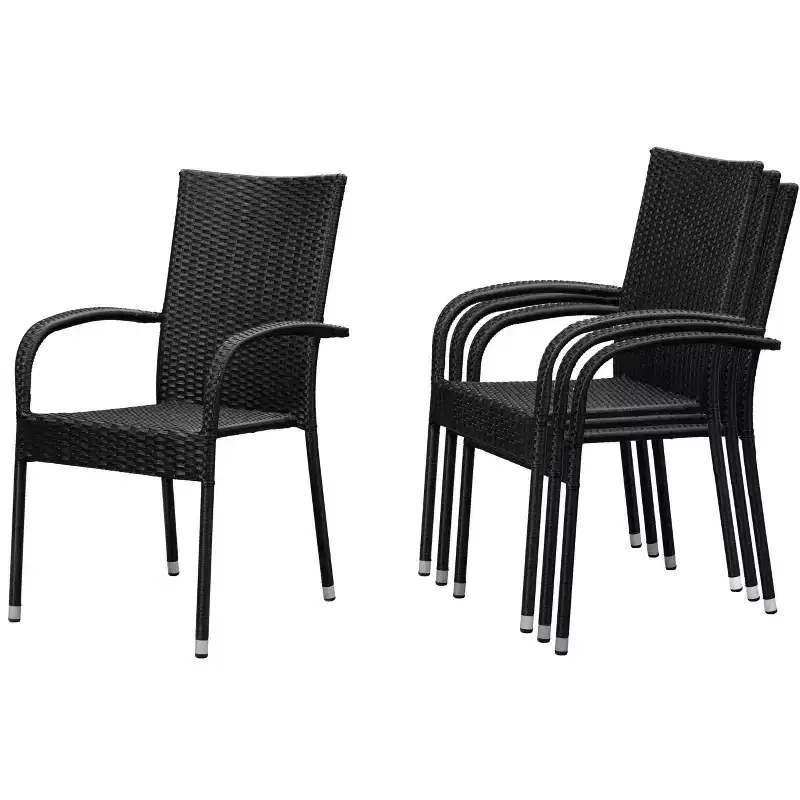 Balkene Home Morgan Outdoor Wicker Chair Set of 4 Black No Assembly Lightweight Portable Zero Maintenance Indoors Porch Backyard Garden Balcony