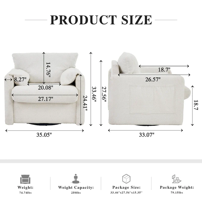 Swivel Accent Chair Single Seater - 360 Rotating Lounge Chair with Chenille Fabric & High-Resilience Cushion