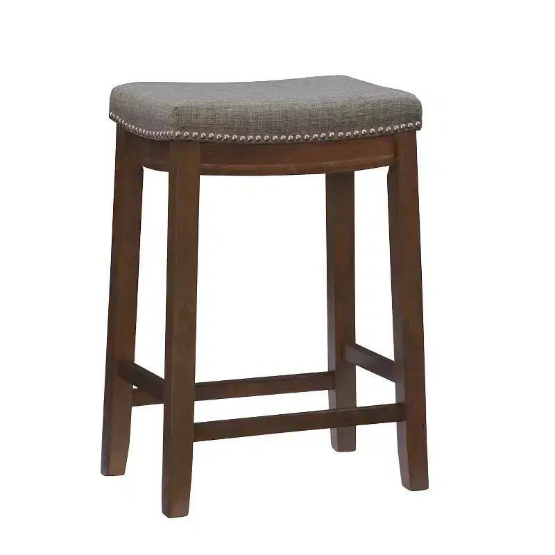 Counter Height Barstool Rustic Brown Natural Linen Upholstered Backless
