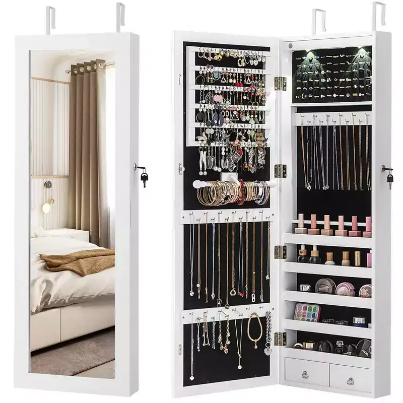 Mirror Jewelry Cabinet with Full Length Mirror, Internal LED Lights and Hooks, Wall or Door Mounted, White