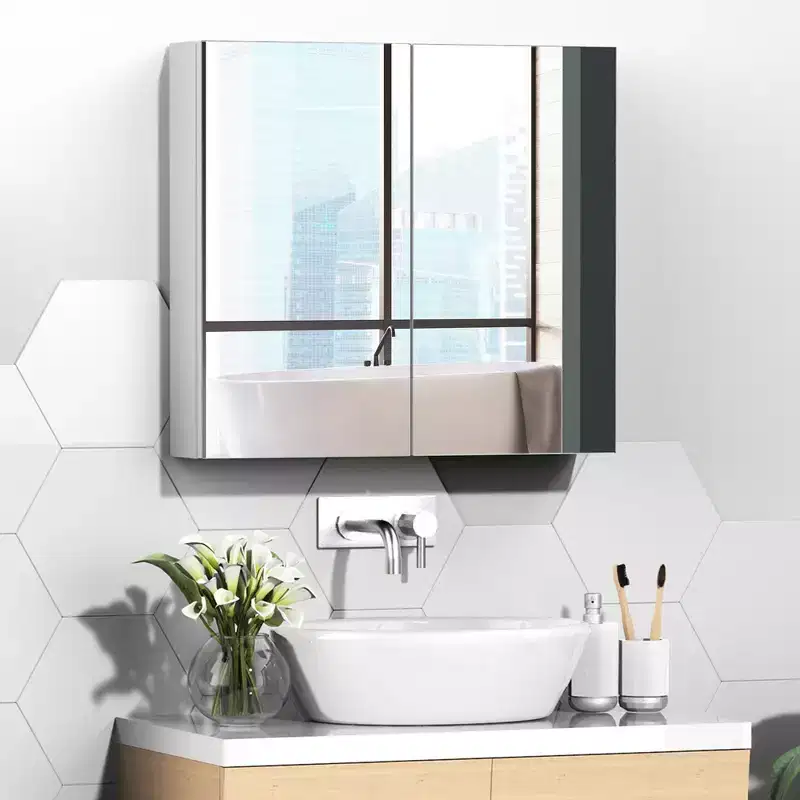 Bathroom Mirrored Medicine Cabinet, 24x22 Steel Frame, Wall-Mounted Double Door Storage