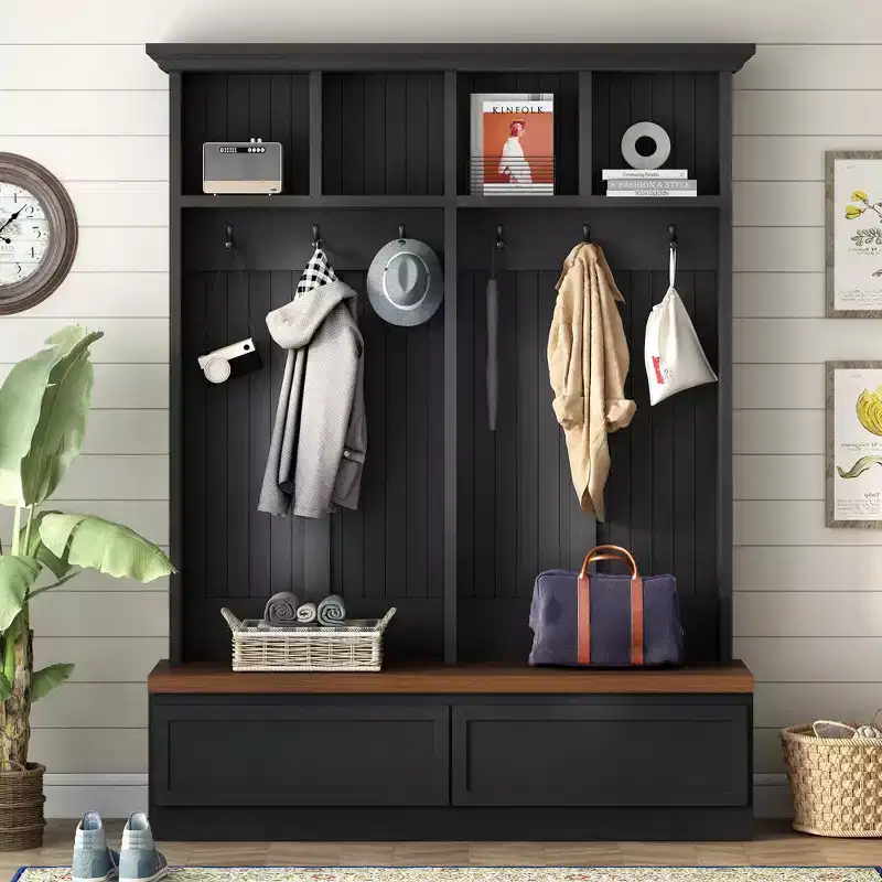 Okak Farmhouse Hall Tree with Wood Grain Bench, Versatile Storage Rack with 2 Large Drawers, Entryway Storage for Hallway, Living Room, Black+Walnut