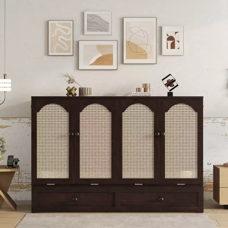 Queen Murphy Bed Frame with USB Port and Storage Drawer for Bedroom Guest Room, Rattan Decoration Pine Wood Bed