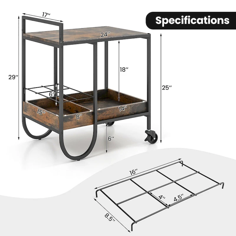 Gymax Industrial Bar Cart Rolling Buffet Serving Cart w/ Removable
