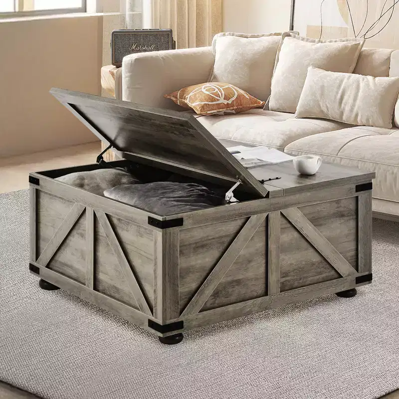 36 Farmhouse Coffee Table, Hinged Square Coffee Table with Large Storage Compartment, Wooden Rustic Cocktail Table