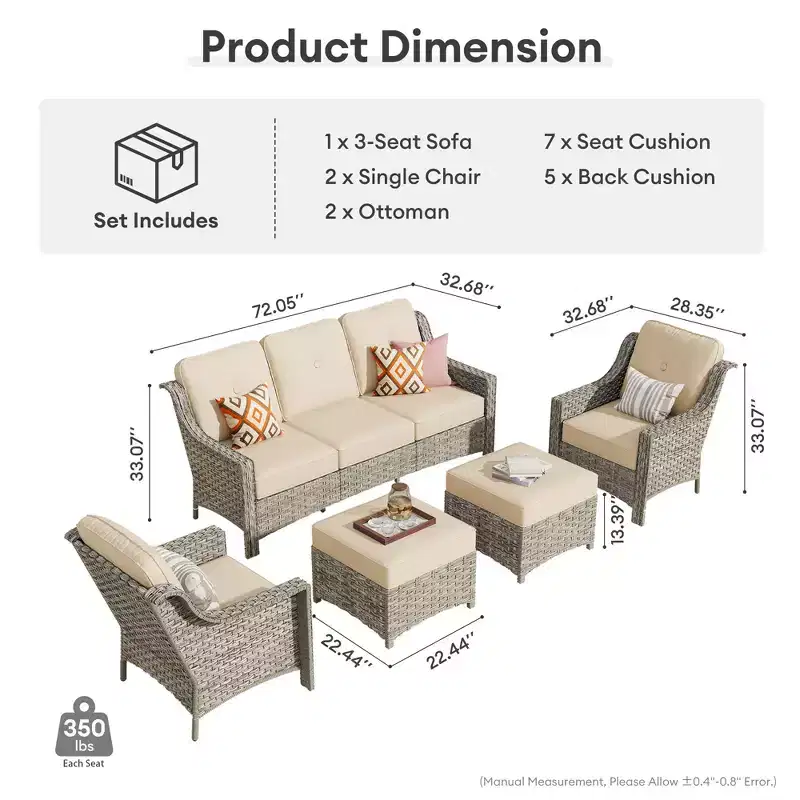 HOMLUX 5 PCS Outdoor Conversation Set 3-Seat Patio Sofa with Cushion, High Back Rattan Chairs, Ottomans