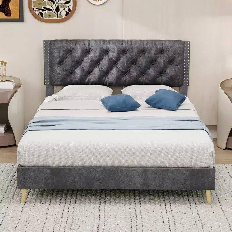 GDFStudio Ruskin Modern Wood and Velvet Upholstered Bed with Tufted Headboard
