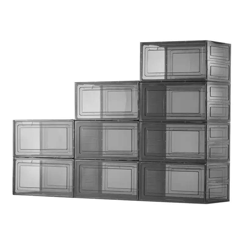9 Pack Clear Stackable Shoe Storage Boxes with Magnetic Door, Fit up to US Size 13, Transparent Black