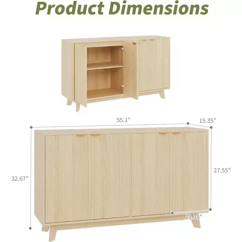 Sideboard Buffet Cabinet with Storage, Modern Fluted Accent Credenza with Doors & Adjustable Shelves, 55.1 in Wood Coffee Bar Console Table