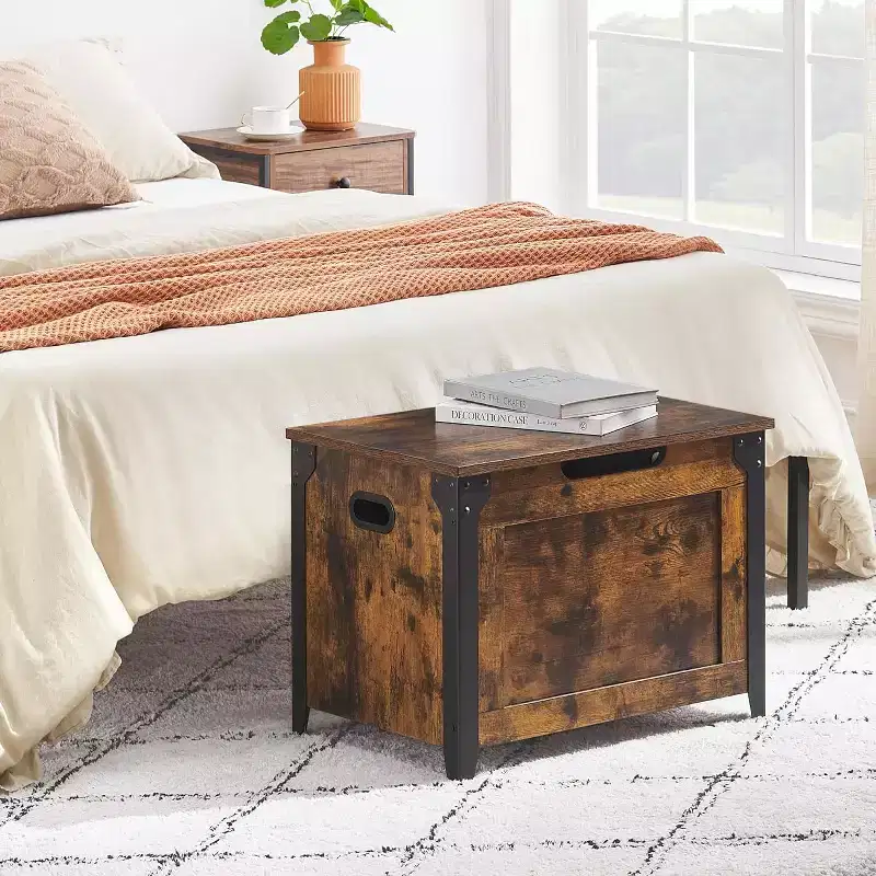 Retro Wooden Storage Bench Ottoman with Safety Hinges Rustic Brown