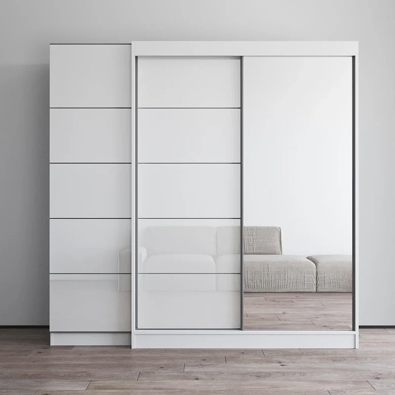 2-Door Wardrobe with Mirror, Glass Front, 2-Person (Gray / Black / White)