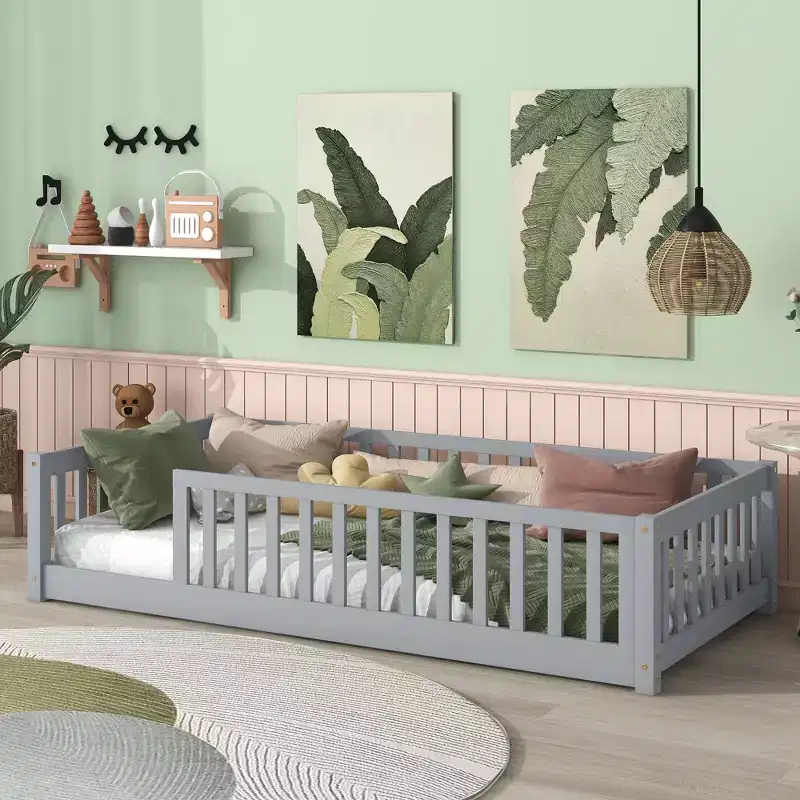 Twin Floor Bed with Fence & Rubber Wood Guardrails – Gray