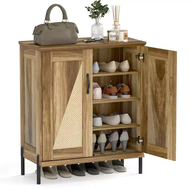 Costway 5-Tier Farmhouse Shoe Cabinet with Woven Rattan Doors, Removable Shelves for Closet