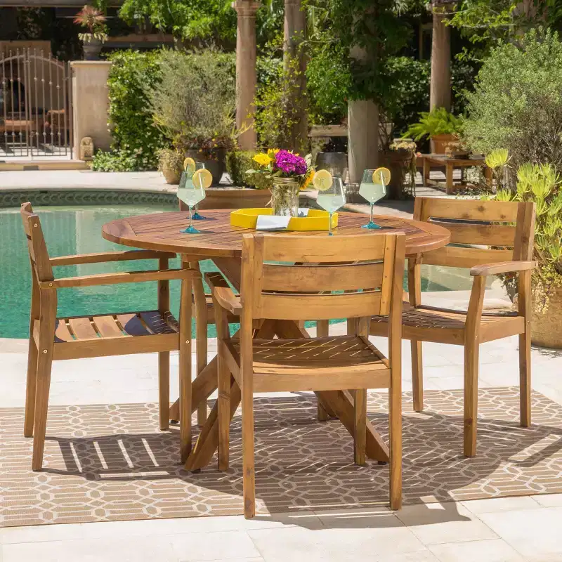 Stamford 5pc Acacia Wood Round Dining Set Teak: Weather-Resistant, 4 Chairs - Christopher Knight Home