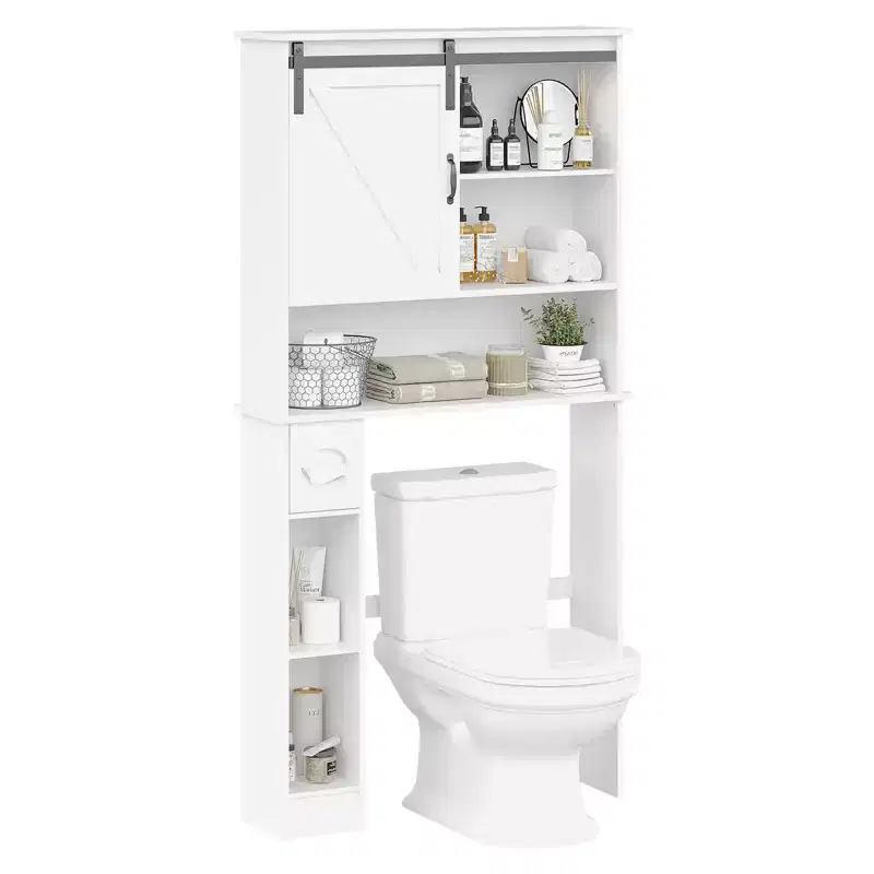 Space-Saving Over-the-Toilet Storage Cabinet  Double Doors, Adjustable Shelves, Freestanding Bathroom Organizer, Farmhouse Style,Toilet Paper Holder