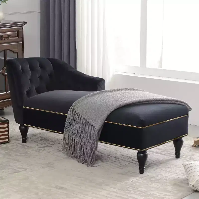 58'' Velvet Chaise Lounge, Button Tufted Right Arm Facing Lounge Chair with Nailhead Trim & Solid Wood Legs for Living Room or Office