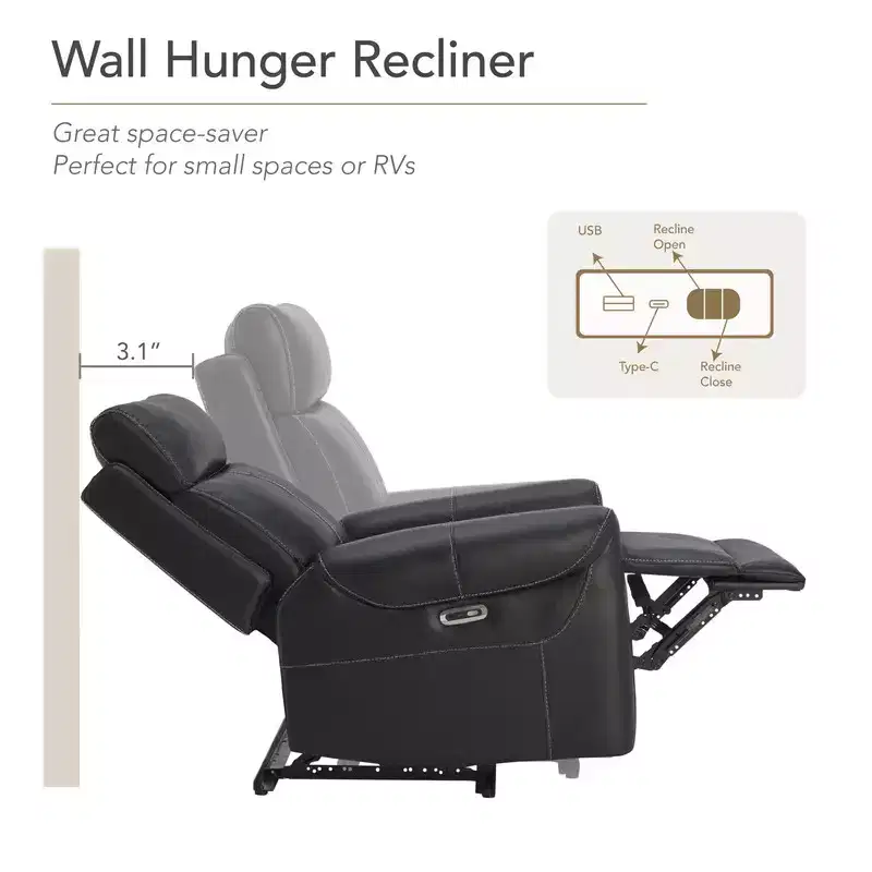 Wall Hugger Power Recliner with USB Ports, Faux Leather, 3 Positions, 350 lbs