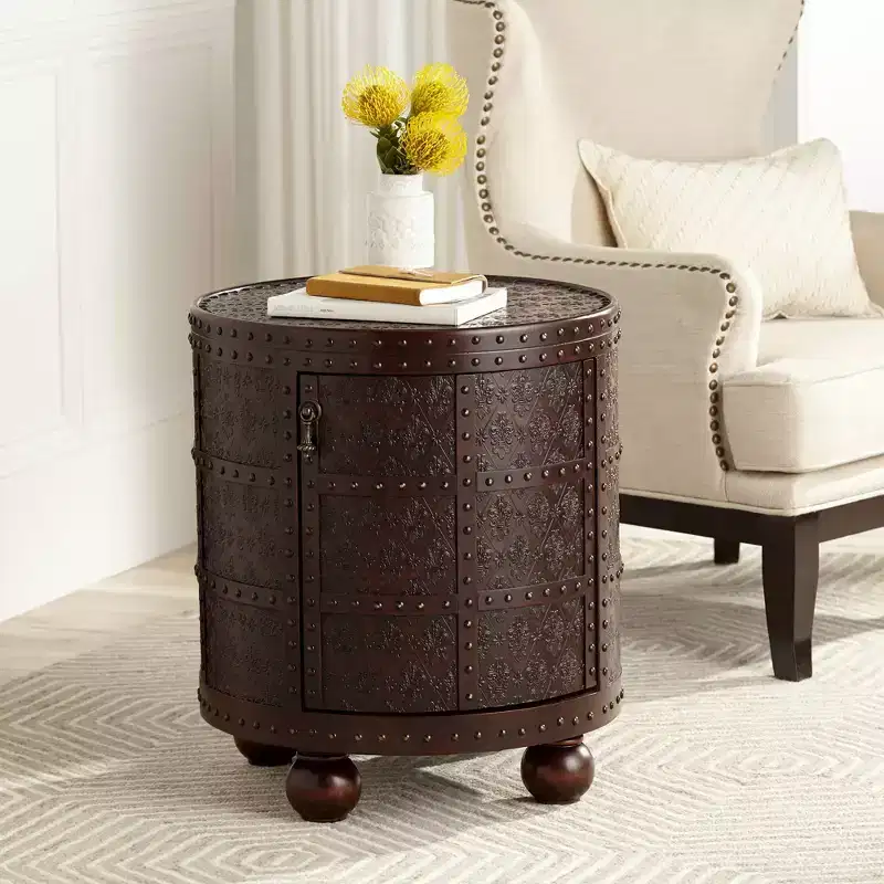 Kensington Hill Hadley Rustic Vintage Wood Round Accent Table 21 3/4 Wide with Storage Shelf Brown Petition Leather Embossed Pattern for Living Room