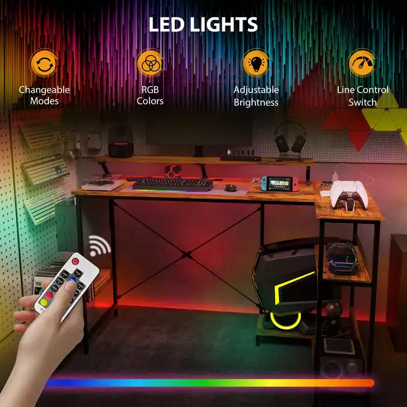 L Shaped Computer Desk with Charging Station and RGB Lights Reversible Home Office Desk
