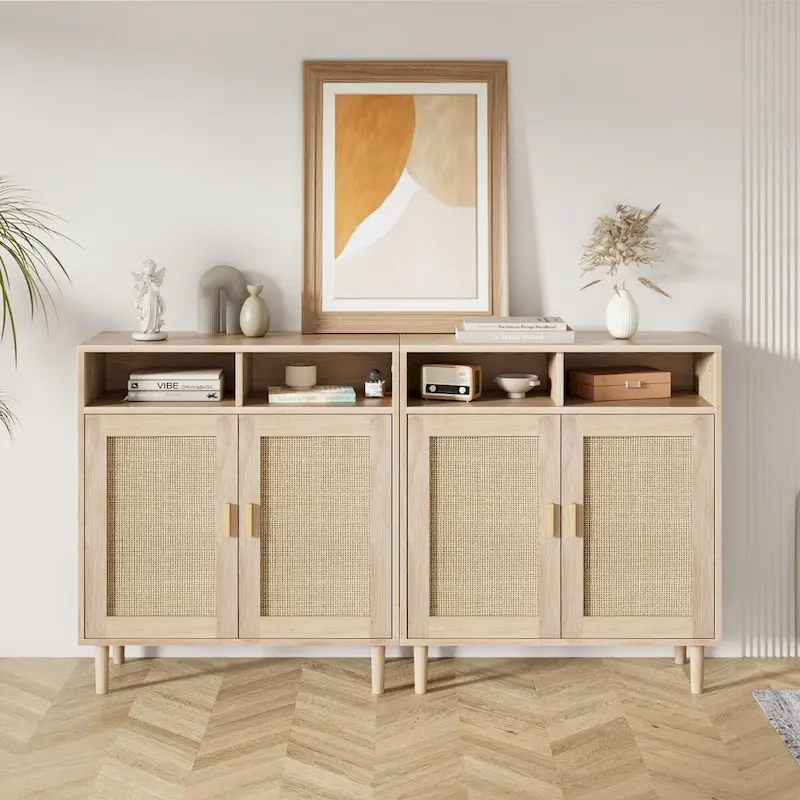 Modern Rattan Buffet Cabinet, Natural Woven Texture, 62.9