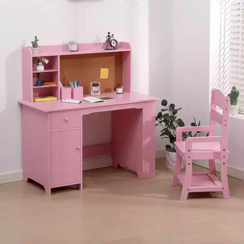 Kids Desk, Study Desk and Chair Set for Boys and Girl, Wooden Kids Writing Table with Bookshelf, Cabinet and Drawer for Ages 3-8, Pink