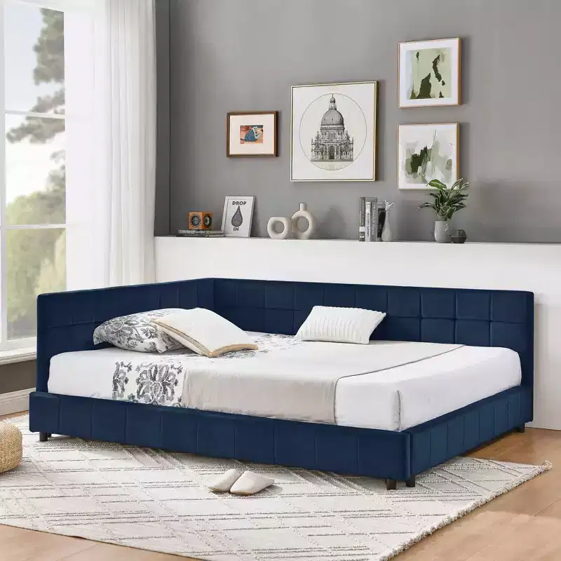 MAYEERTY Full Size Upholstered Tufted Bed Frame with Backrest and Armrest for Bedroom Blue