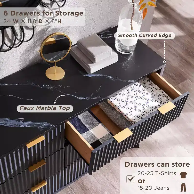 Fluted Dresser for Bedroom, Modern Drawer Chest with Faux Marble Top & Curved Profile, Wood Storage Organizer for Bedroom, Living Room