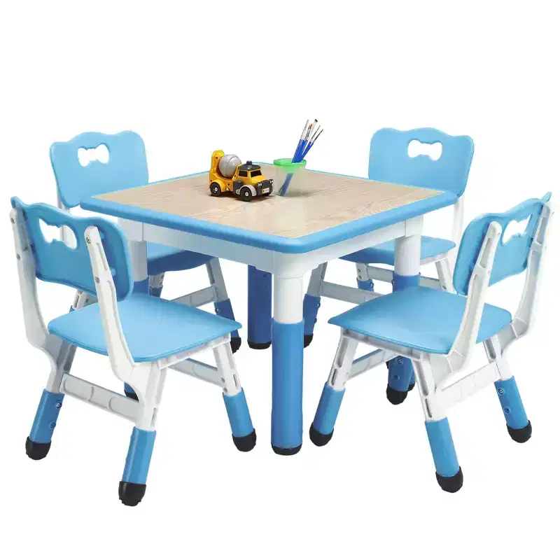 Kids Table & 4 Chairs Set, Height Adjustable Arts & Crafts Desk for Ages 2-10, Non-Slip Legs, Max 300lbs for Classrooms, Daycares, Home